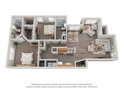 A 3D floor plan of a house with a kitchen, living room, and bedrooms.